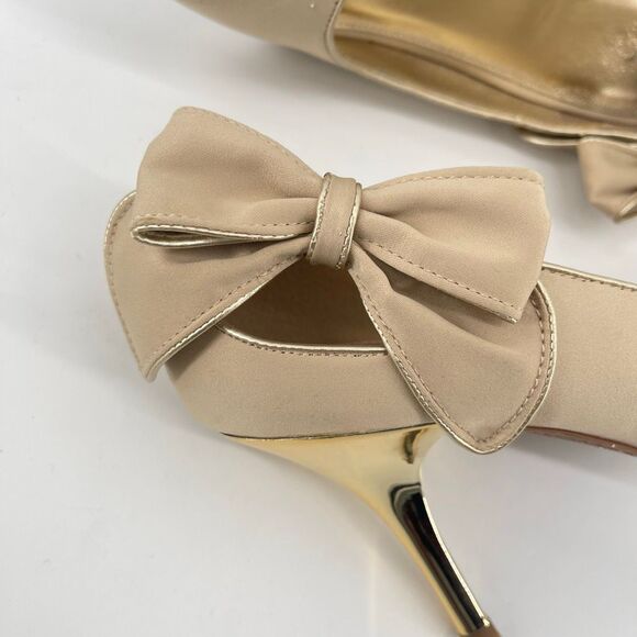 Fioni Champagne Gold Lady Luck Dressy Evening Peep Toe Bow Heels Size 9 - Picture 11 of 16